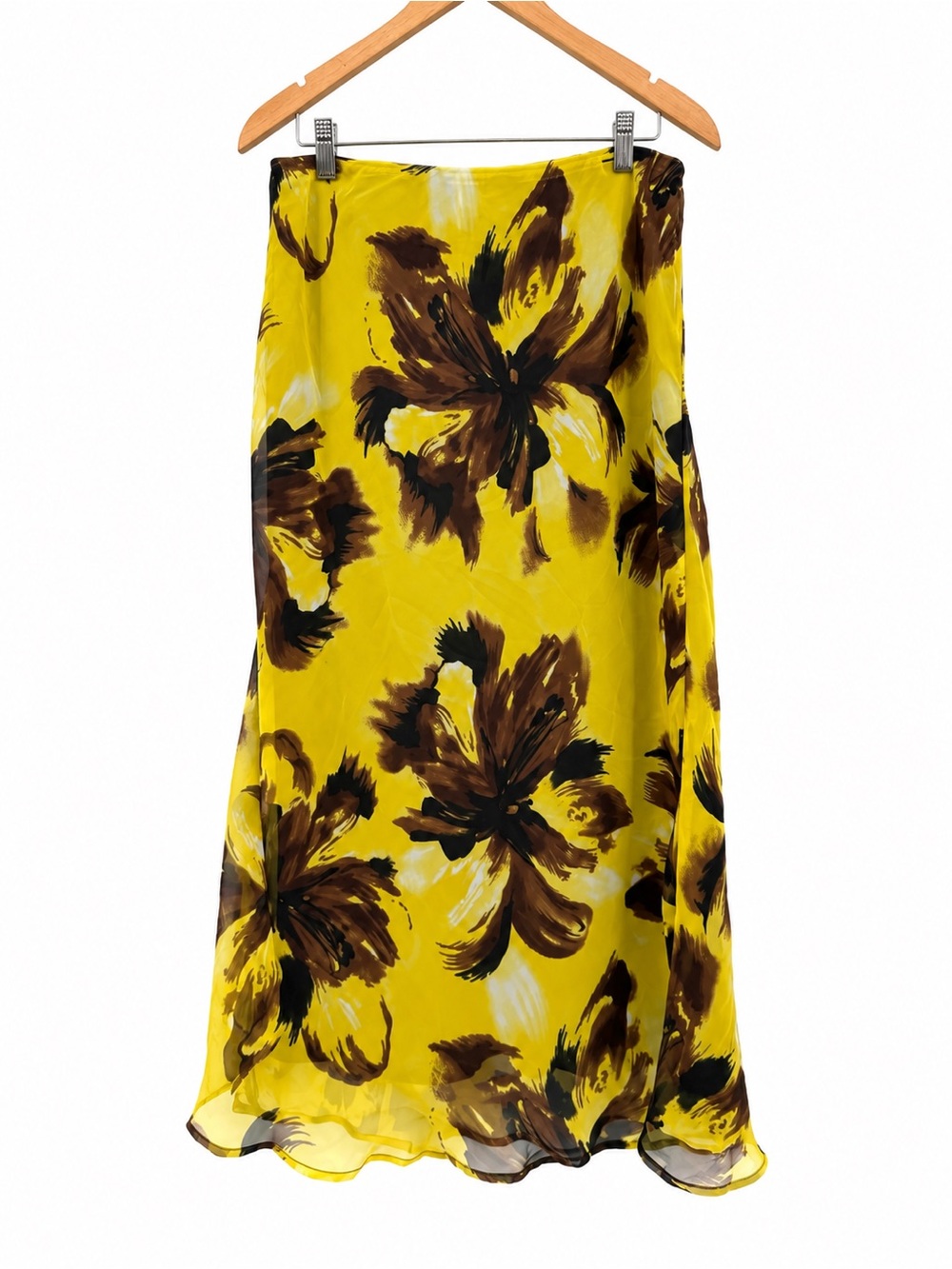 Cato Yellow Brown Floral Chiffon Midi Skirt Size M Abstract Flower Y2K